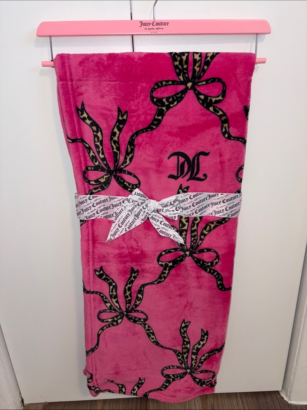 Juicy Couture Hot Pink Plush Bow & Leopard-Accent Throw Blanket